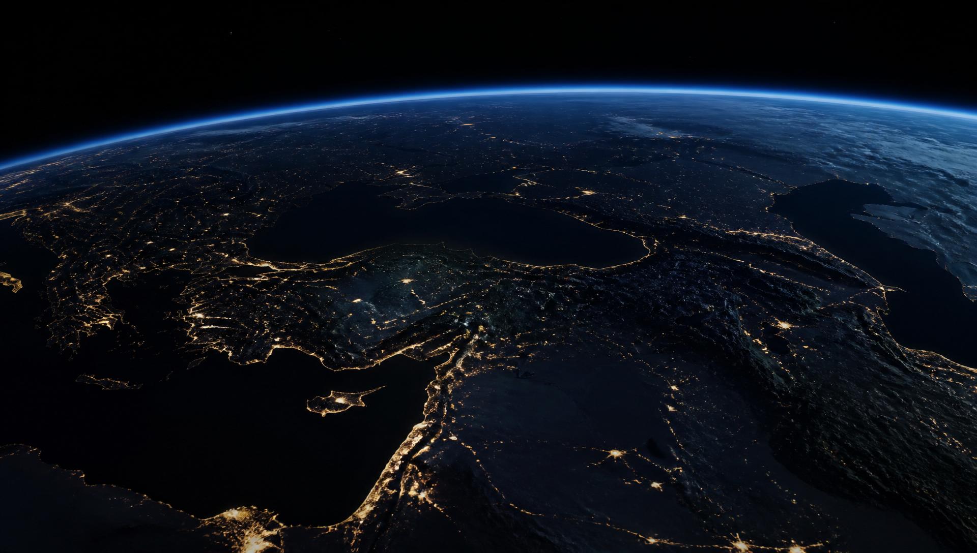 Satellite view of the Eastern Mediterranean and Anatolia at night